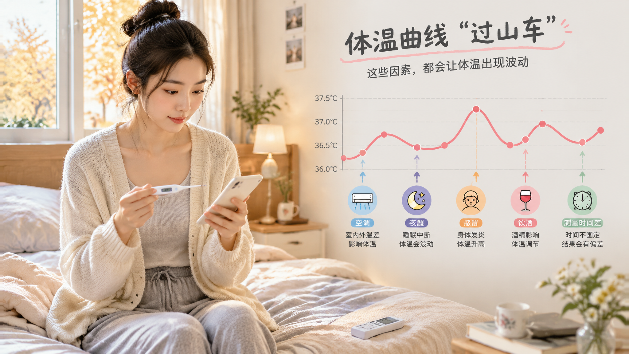 中国年轻女性在卧室清晨测量基础体温的生活场景,人物坐在床边手持体温计与手机记录,画面中用简洁图形叠加