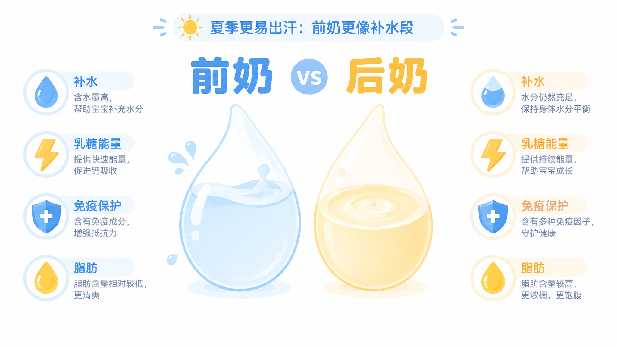 画面为小红书清爽科普信息图风格,白色干净背景,中心是“前奶 vs 后奶”的简洁示意图,包含四个核心图