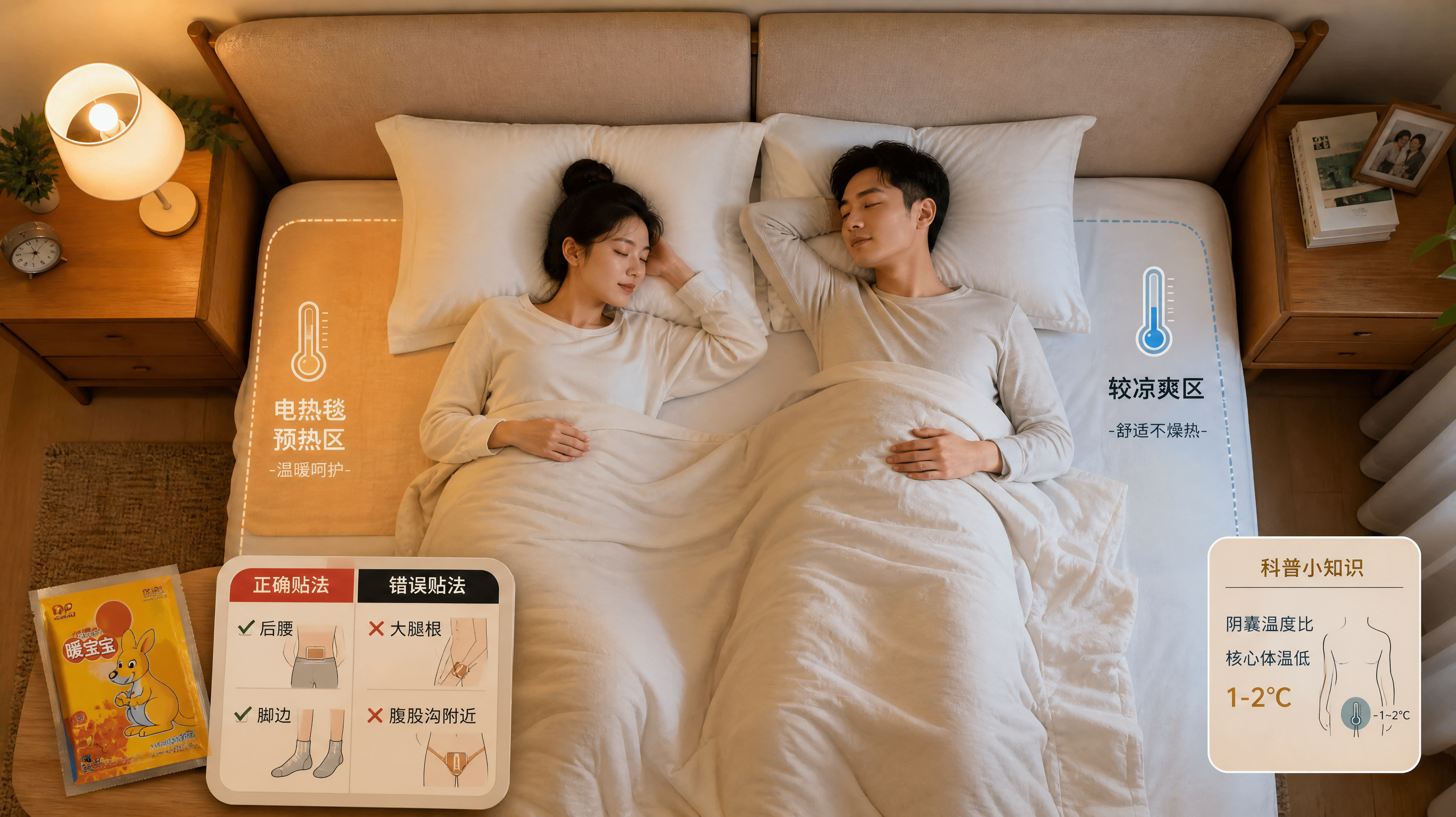 俯视构图的卧室床铺场景,中国年轻备孕夫妻在同一张床上准备睡觉,画面展示“分温控”:床的一侧有电热毯预