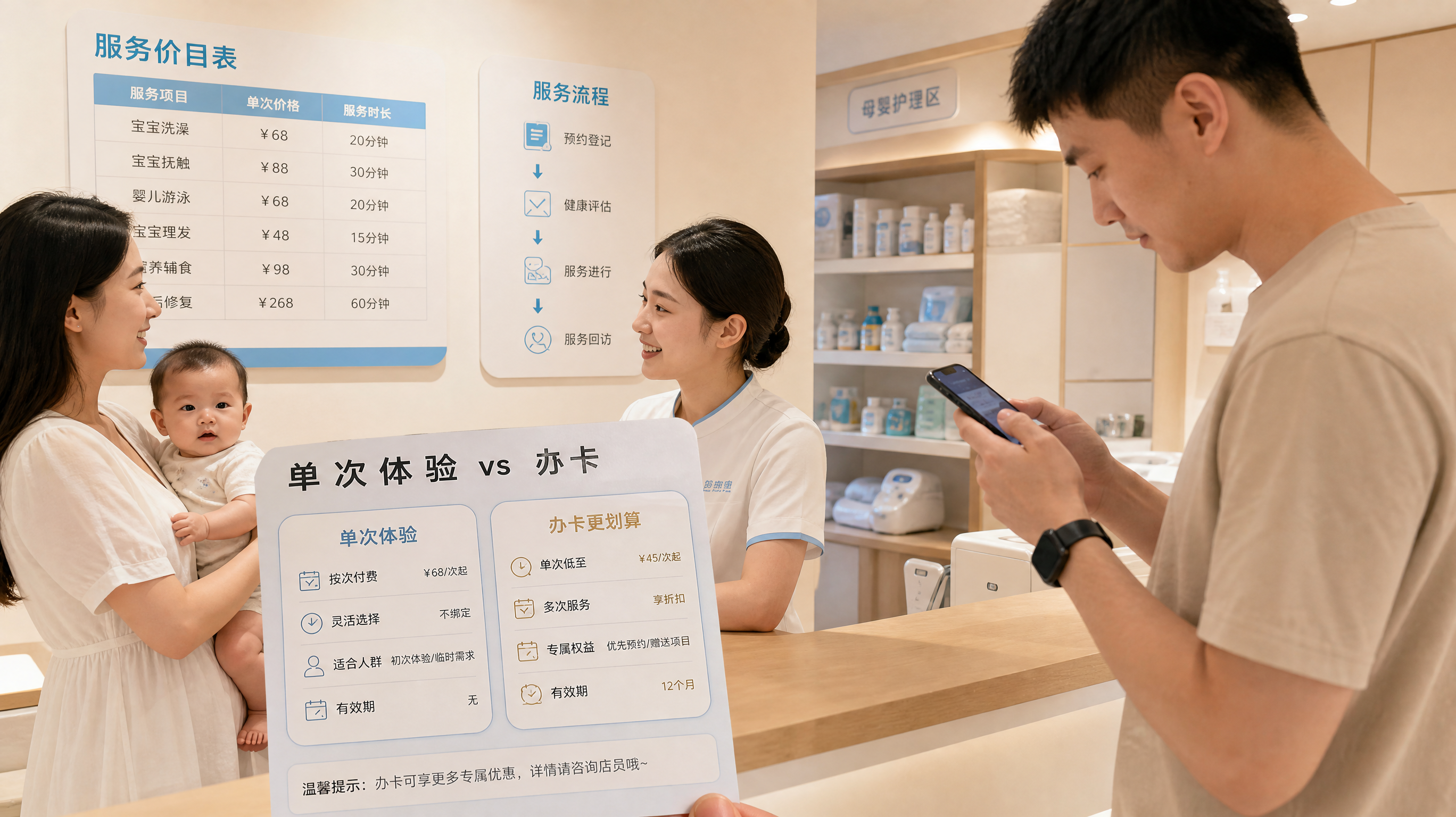 中国母婴用品门店内景，墙面有简洁服务价目表与“服务流程”小海报，一位中国年轻妈妈抱着中国婴儿与店员沟