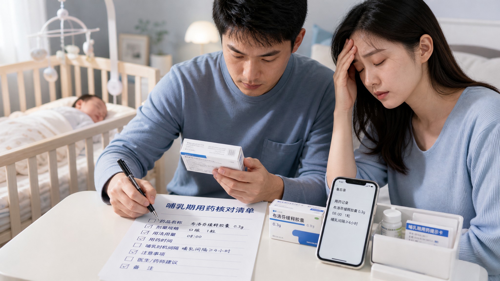 中国年轻爸爸与中国年轻妈妈在卧室的床边或婴儿护理台旁，桌面摆放一张“哺乳期用药核对清单”纸张、笔和手