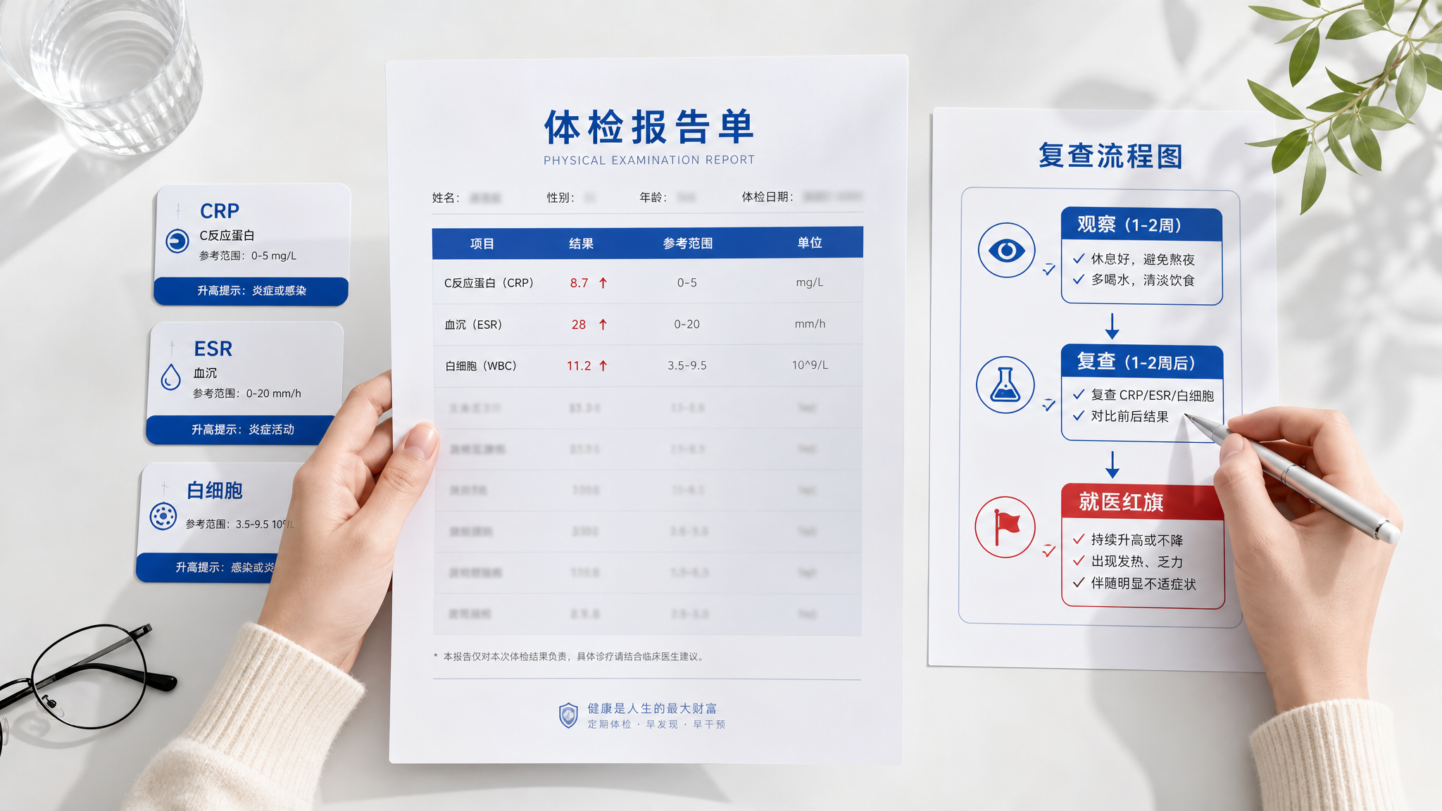 竖版信息图风格海报，场景为干净明亮的桌面俯拍，中国年轻人双手拿着体检报告单与一支笔，桌面上有简洁的“