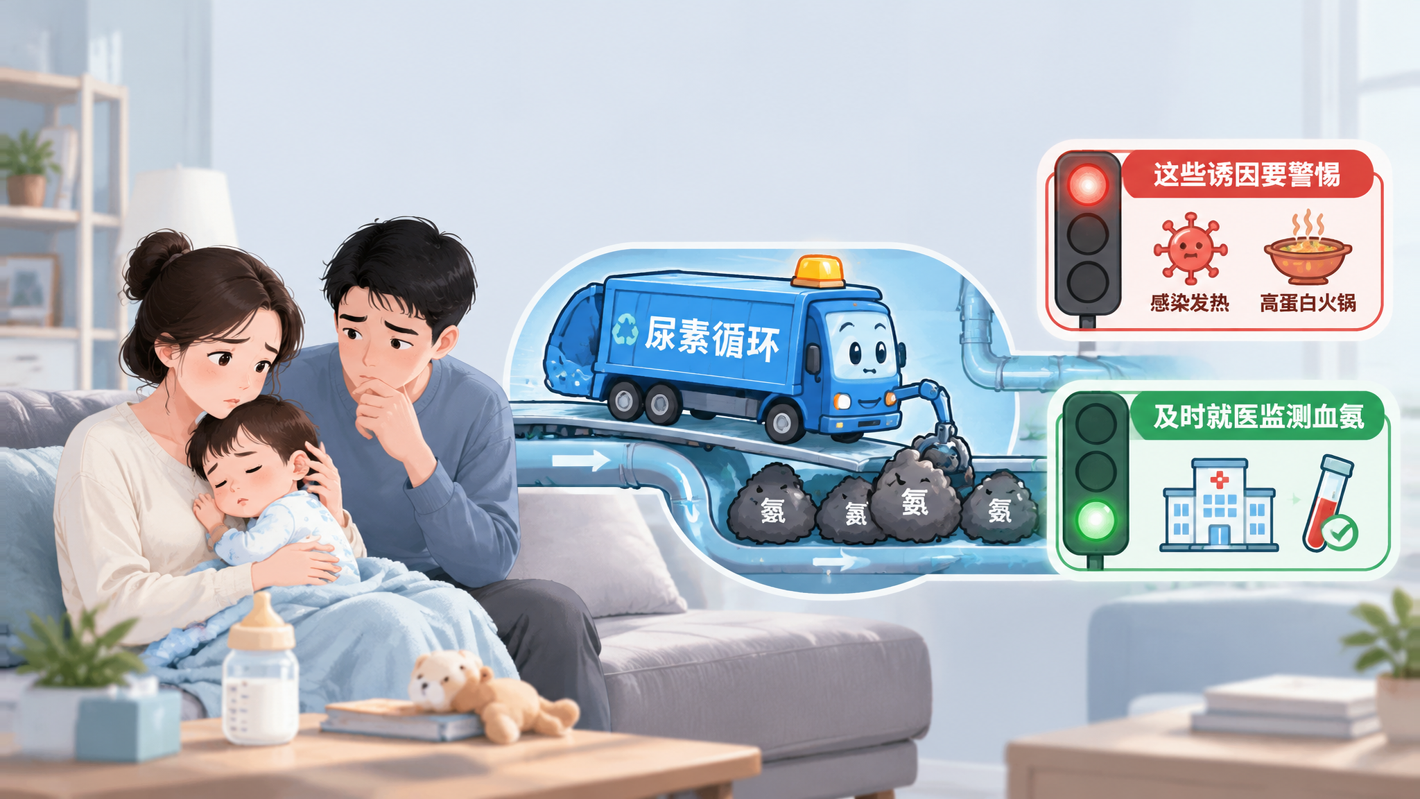 医疗科普插画风格的画面,中国年轻父母在客厅里照顾一位中国婴幼儿,孩子表现为疲倦嗜睡、家长神情焦虑但克