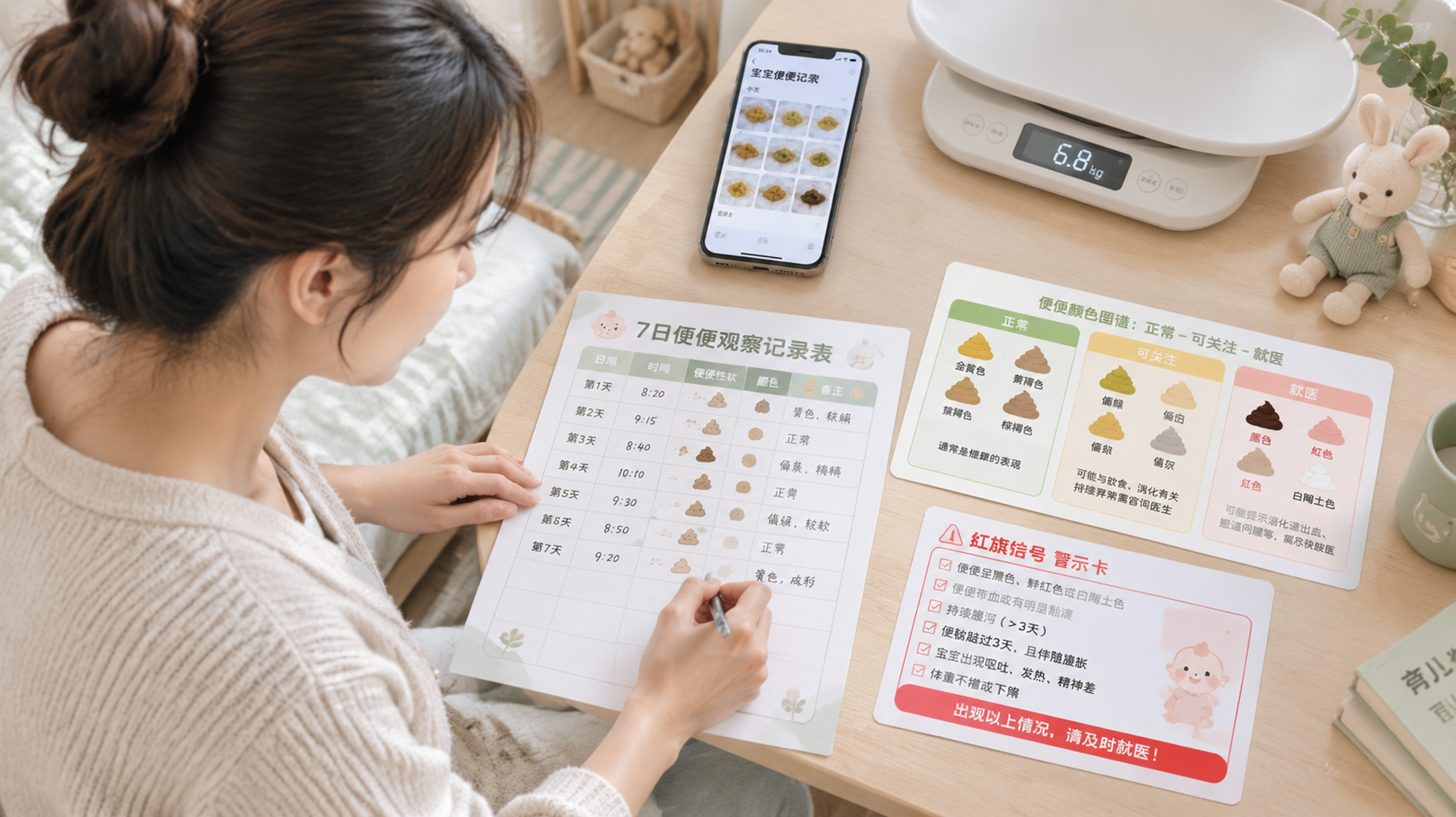 中国年轻妈妈在家中明亮整洁的卧室/育儿角，坐在床边或书桌前，用笔在“7日便便观察记录表”上记录，旁边