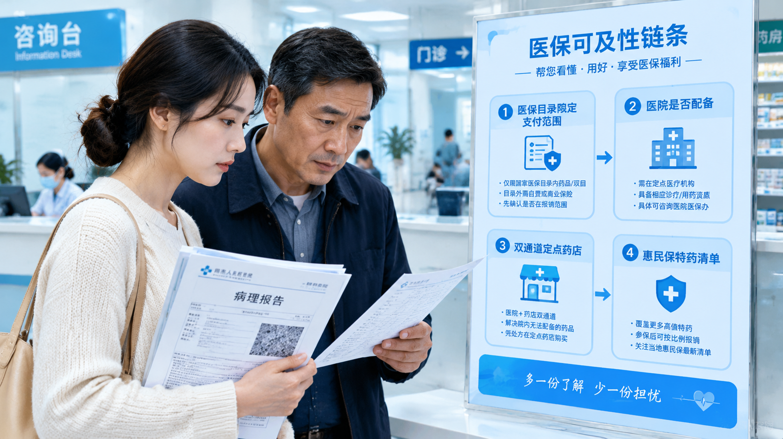 现代医院与药店信息服务场景，中国年轻女性家属与中国中年男性家属在医院咨询台前查看一张“医保可及性链条
