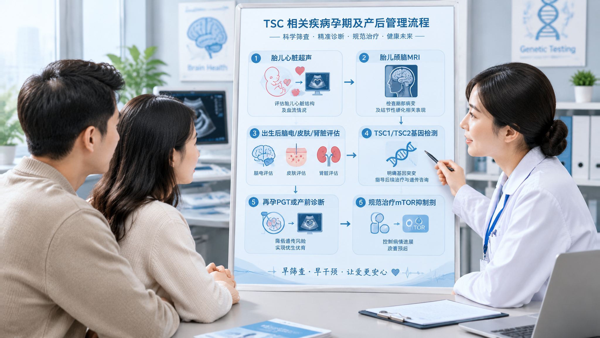 医疗科普信息图风格画面,中国年轻准父母坐在医院遗传咨询门诊的桌前,医生用笔指向一张流程图海报,流程图