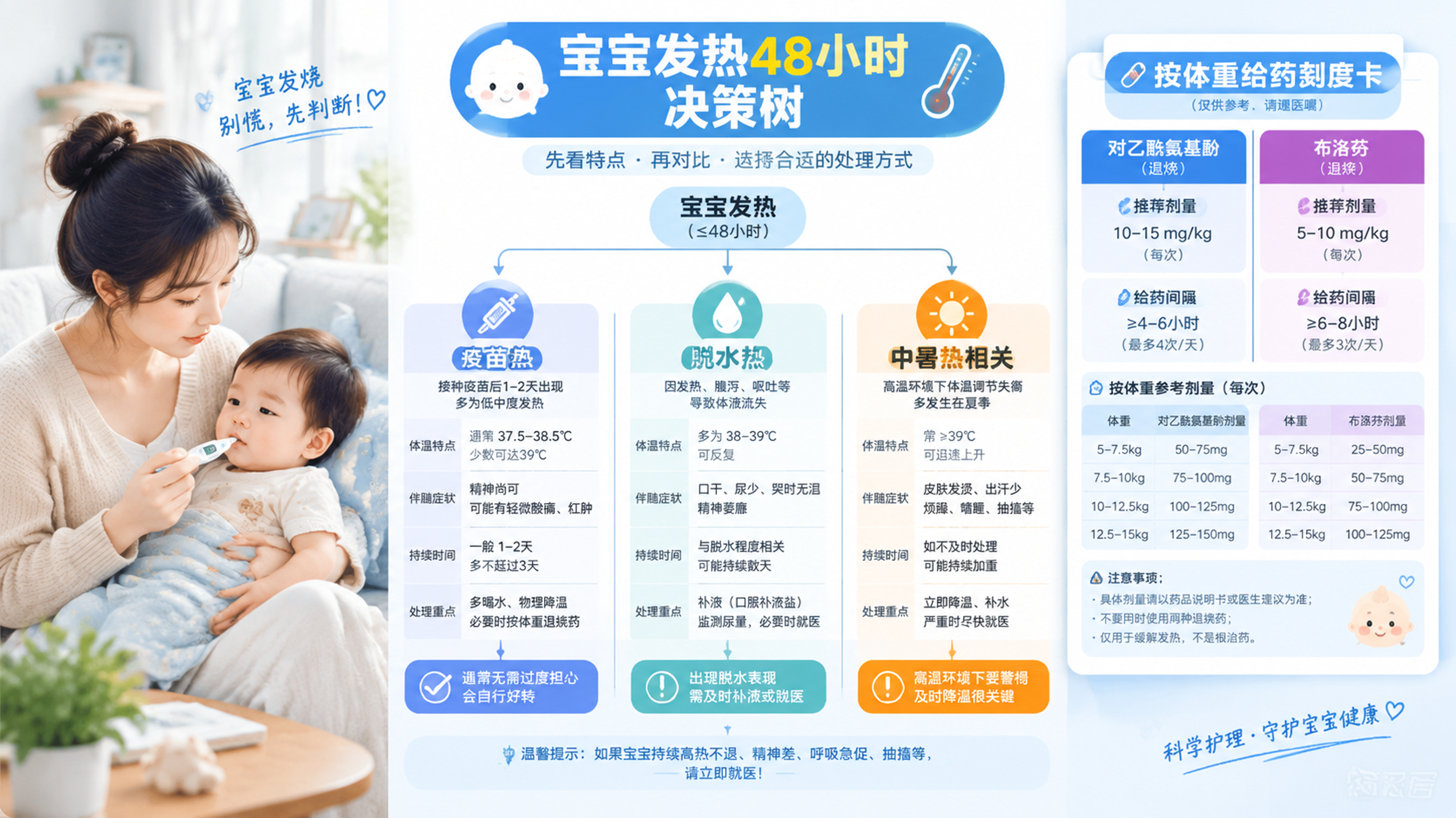 清爽浅灰与浅蓝医用风的信息图海报,画面中心是一棵“宝宝发热48小时决策树”流程图,分支包含“疫苗热/