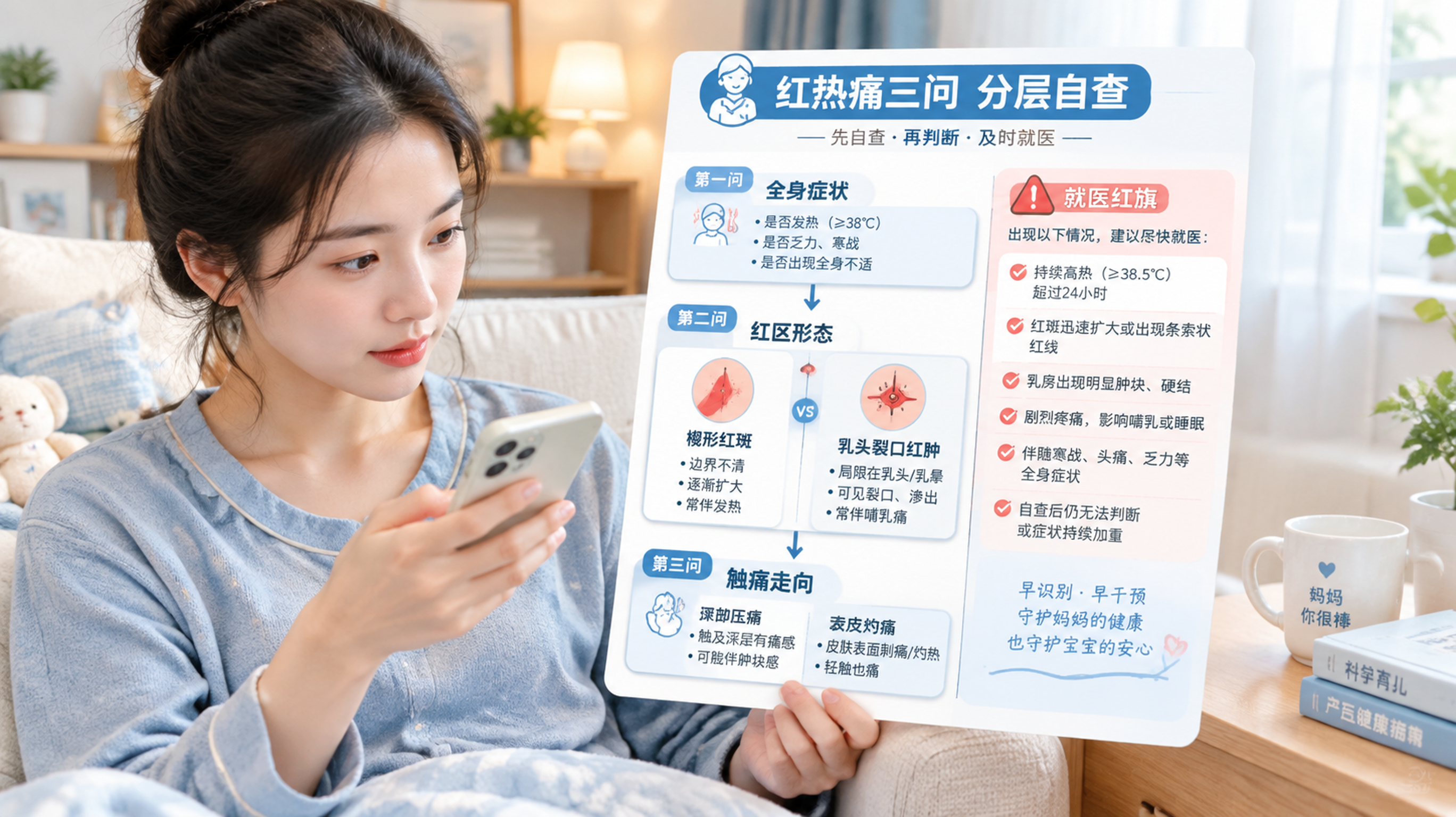 竖版信息图风格画面,中国年轻哺乳期妈妈在家中卧室/客厅的柔和灯光下,穿着舒适家居服,手持手机对照一张