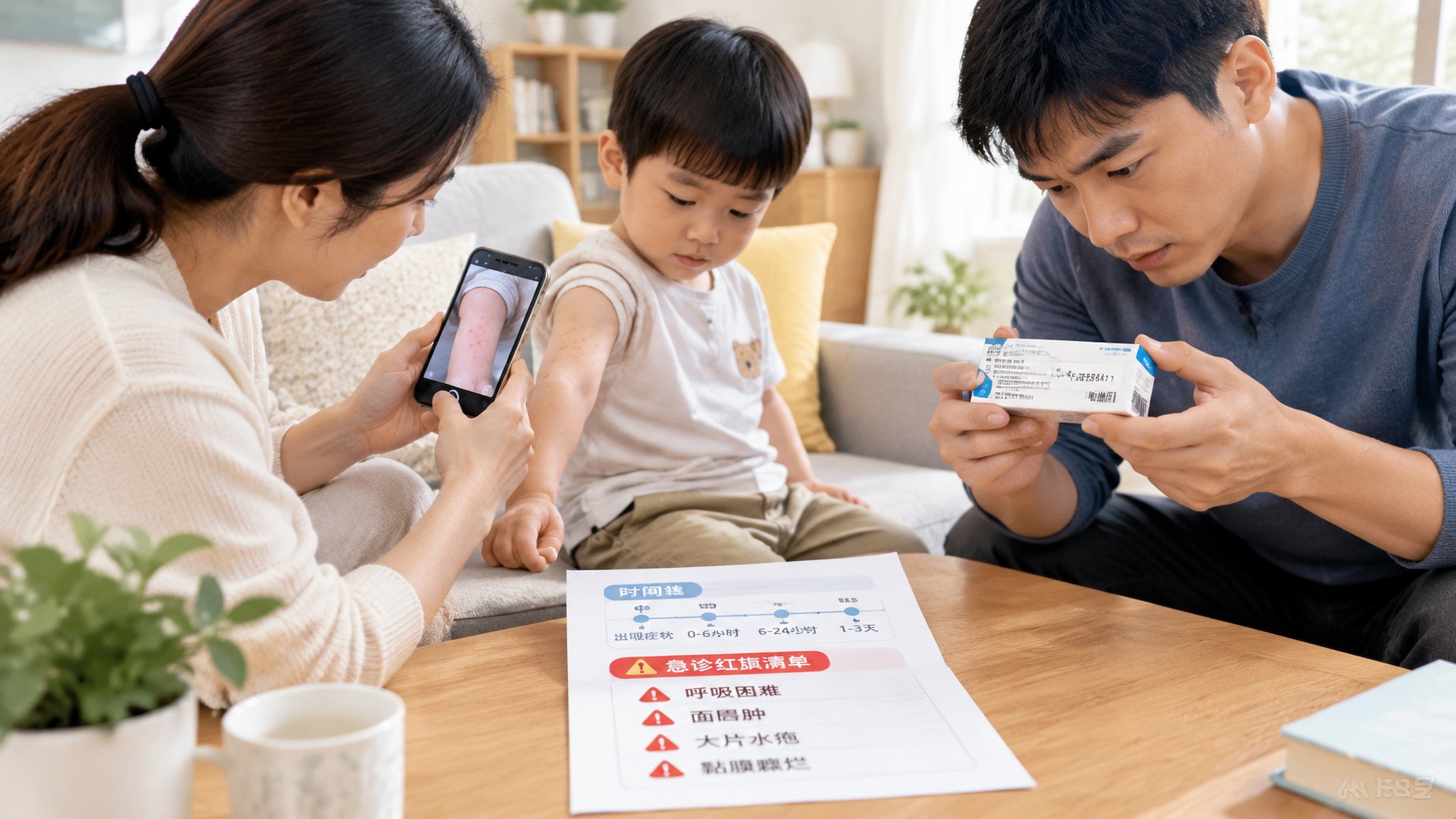 中国年轻父母在家中明亮整洁的客厅里照看一名中国幼儿，妈妈拿着手机对孩子手臂上的轻微红疹进行拍照记录，