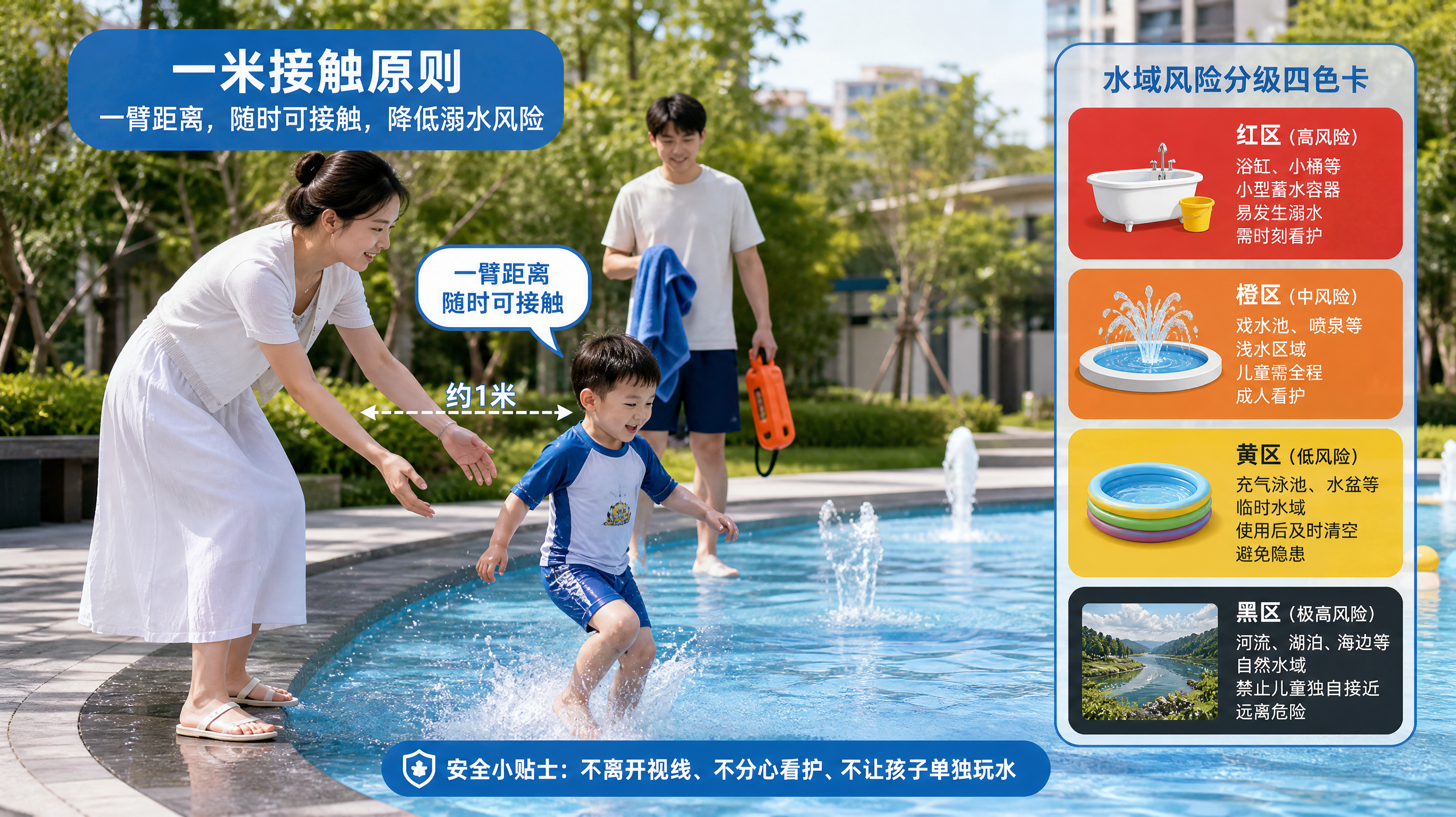 中国年轻父母在夏季户外小区戏水池旁进行儿童看护示意，一位中国妈妈站在离中国4岁男孩约一臂距离内，身体