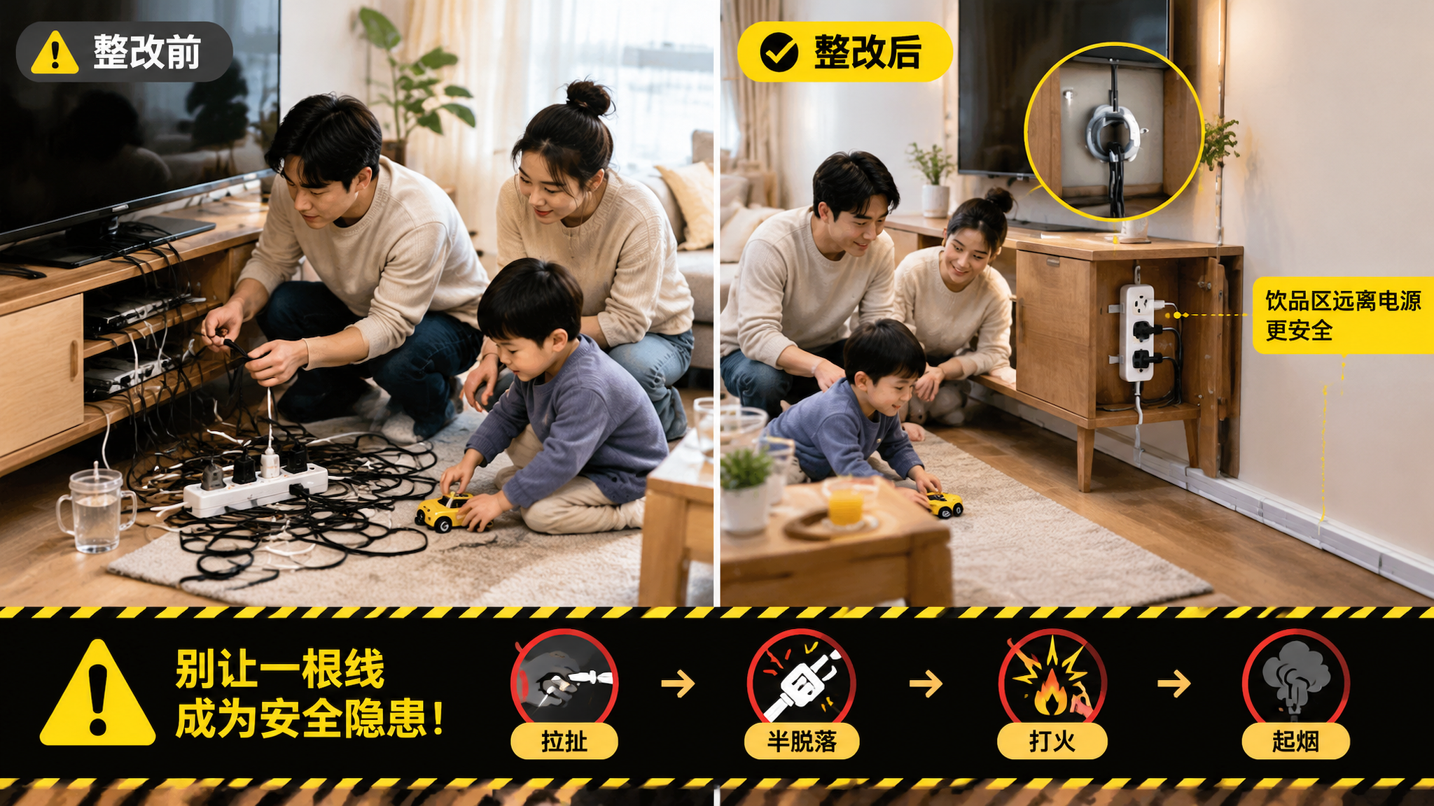 插座盖救不了你：危险在地面插排和被拽的线