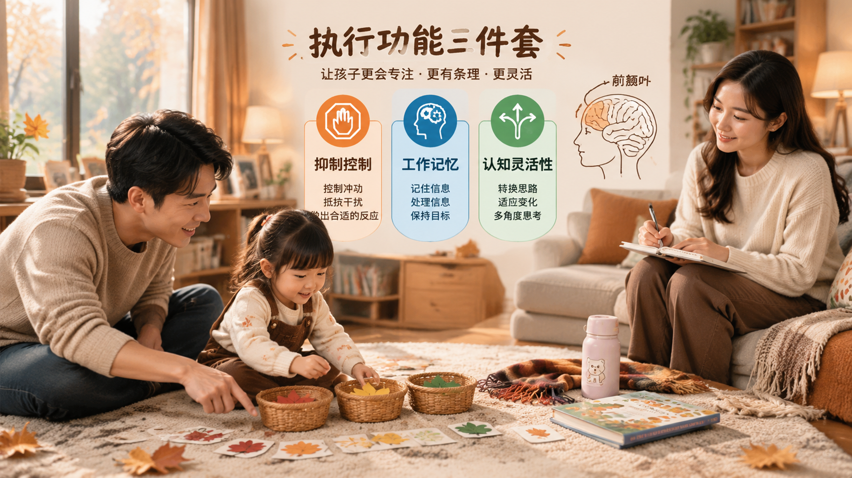 深秋傍晚的中国家庭客厅场景，焦糖色与暖木色调，窗边有几片落叶元素点缀；中国年轻爸爸在地毯上带中国学龄