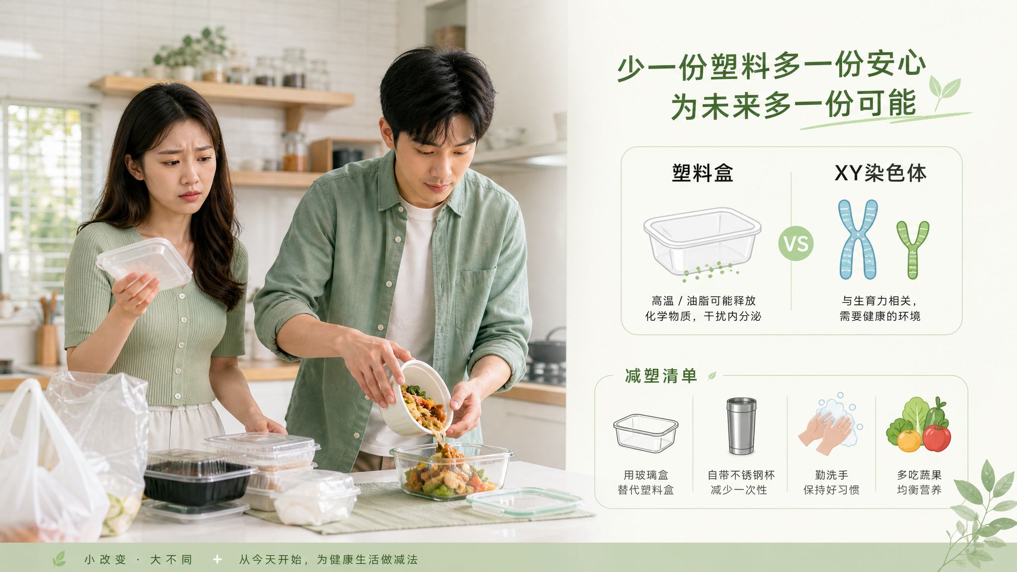 竖版海报构图,绿色治愈风;画面左侧是中国年轻备孕夫妻在厨房台面上整理外卖与饭盒,女生手里拿一次性塑料