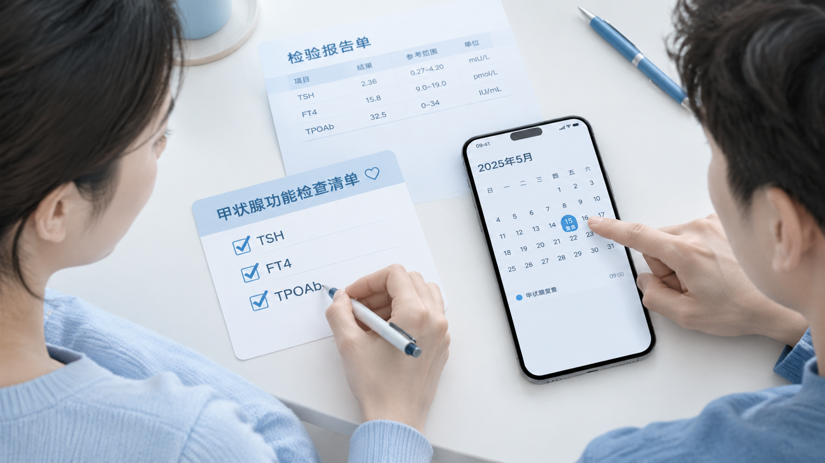 极简信息卡风格的健康科普配图,画面为干净的桌面场景,中国年轻夫妻并排坐在餐桌前一起查看体检报告与手机