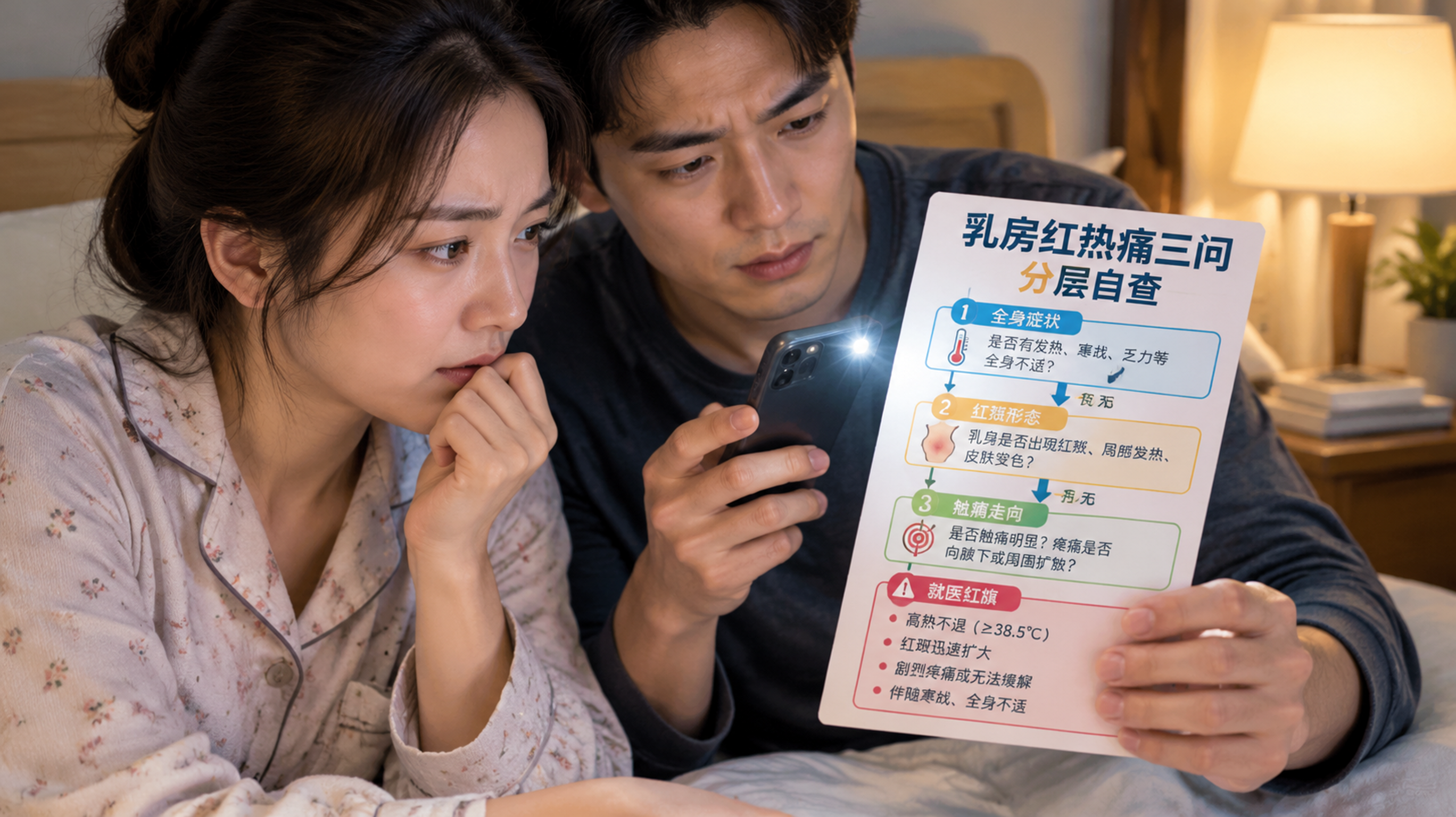 中国年轻哺乳期妈妈在卧室床边坐着,穿着居家睡衣,表情紧张但克制,身旁中国年轻爸爸拿着手机手电照亮一张