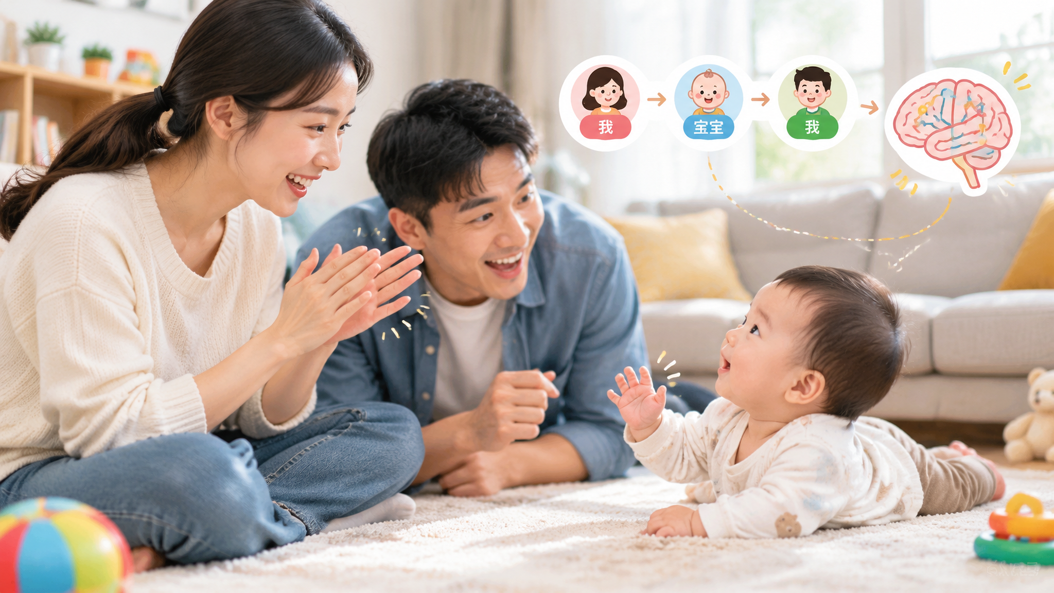 中国年轻父母与0-1岁中国婴儿在家中客厅地毯上面对面互动,妈妈坐姿稳定微笑,双手做“拍手三下后停住”