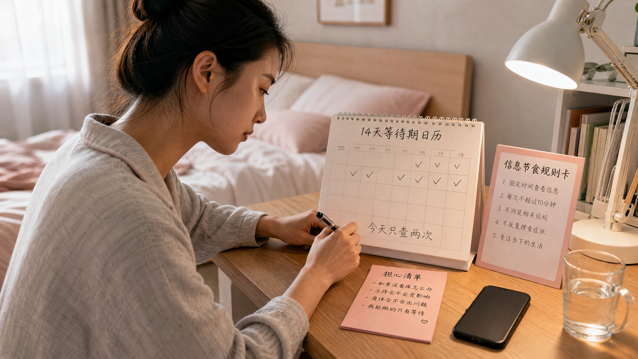 中国女性(30岁左右)坐在卧室床边的书桌前,神情疲惫但努力平静,正在用笔在“14天等待期日历”上打勾