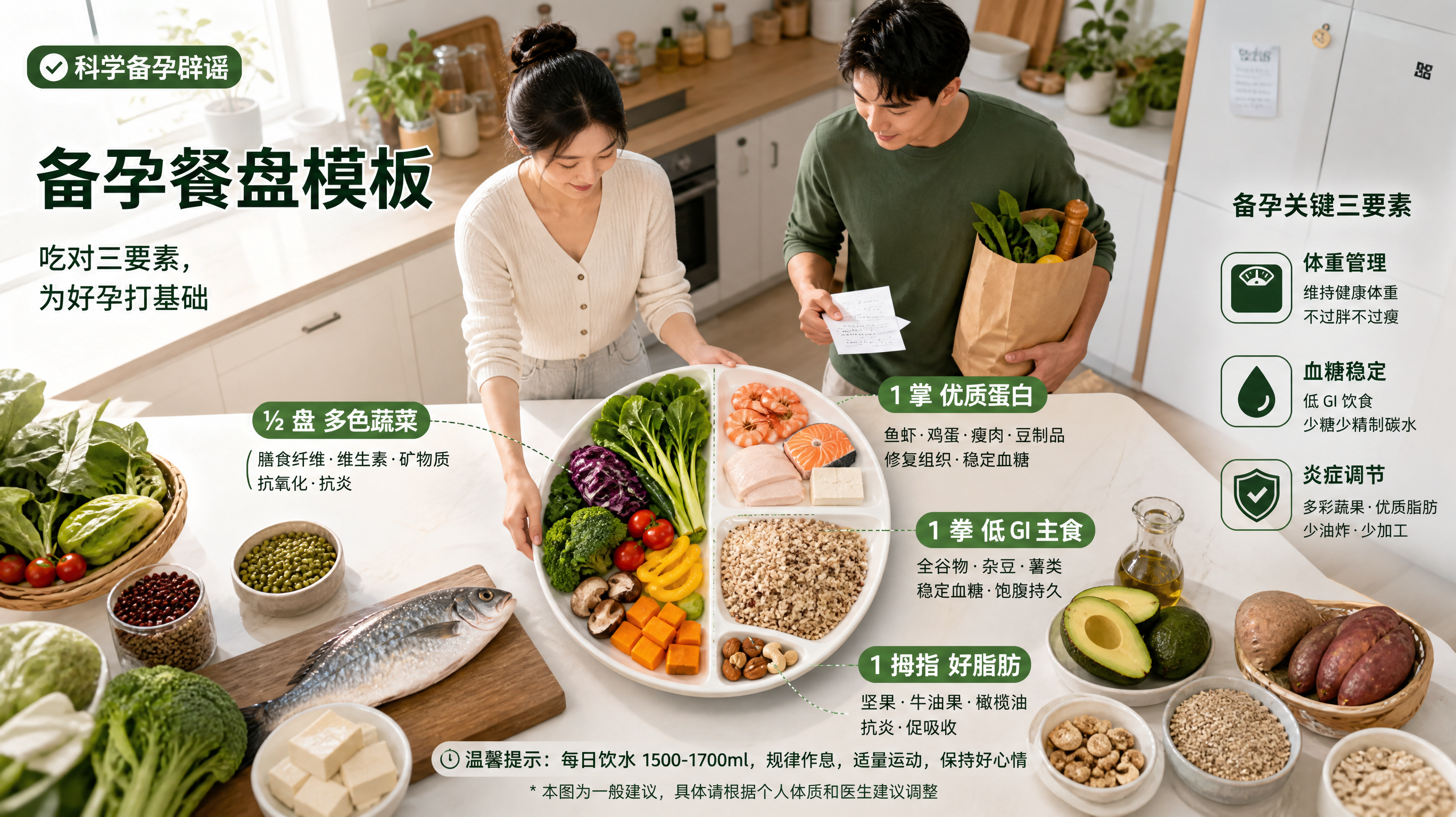 辟谣海报风格的健康科普配图,画面为中国年轻夫妻在明亮整洁的家中厨房台面前一起准备晚餐,女性在摆放餐盘