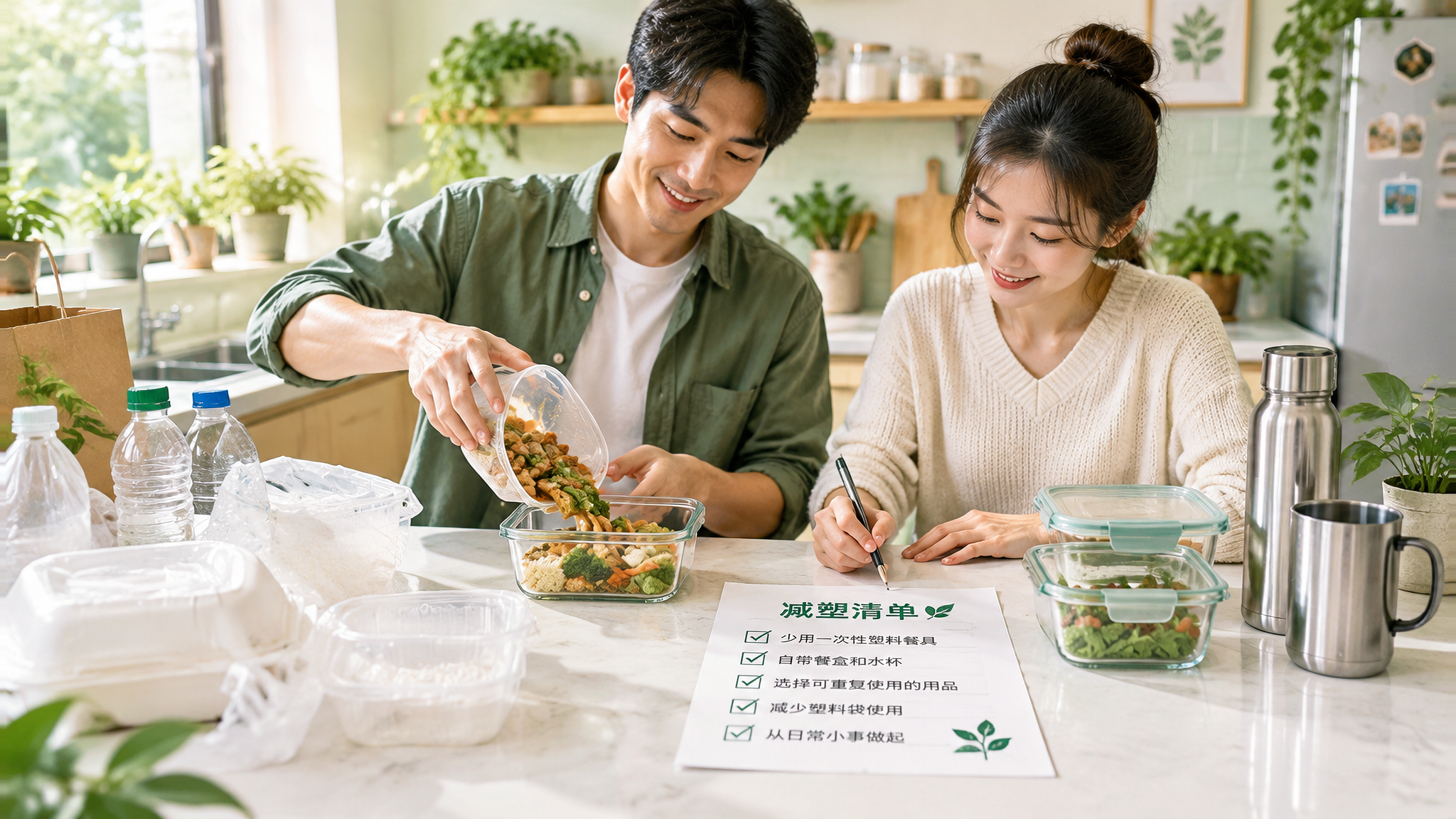 中国年轻夫妻在家中明亮整洁的厨房台面前整理外卖与备餐用品,画面左侧是一次性塑料外卖盒和塑料瓶,右侧是