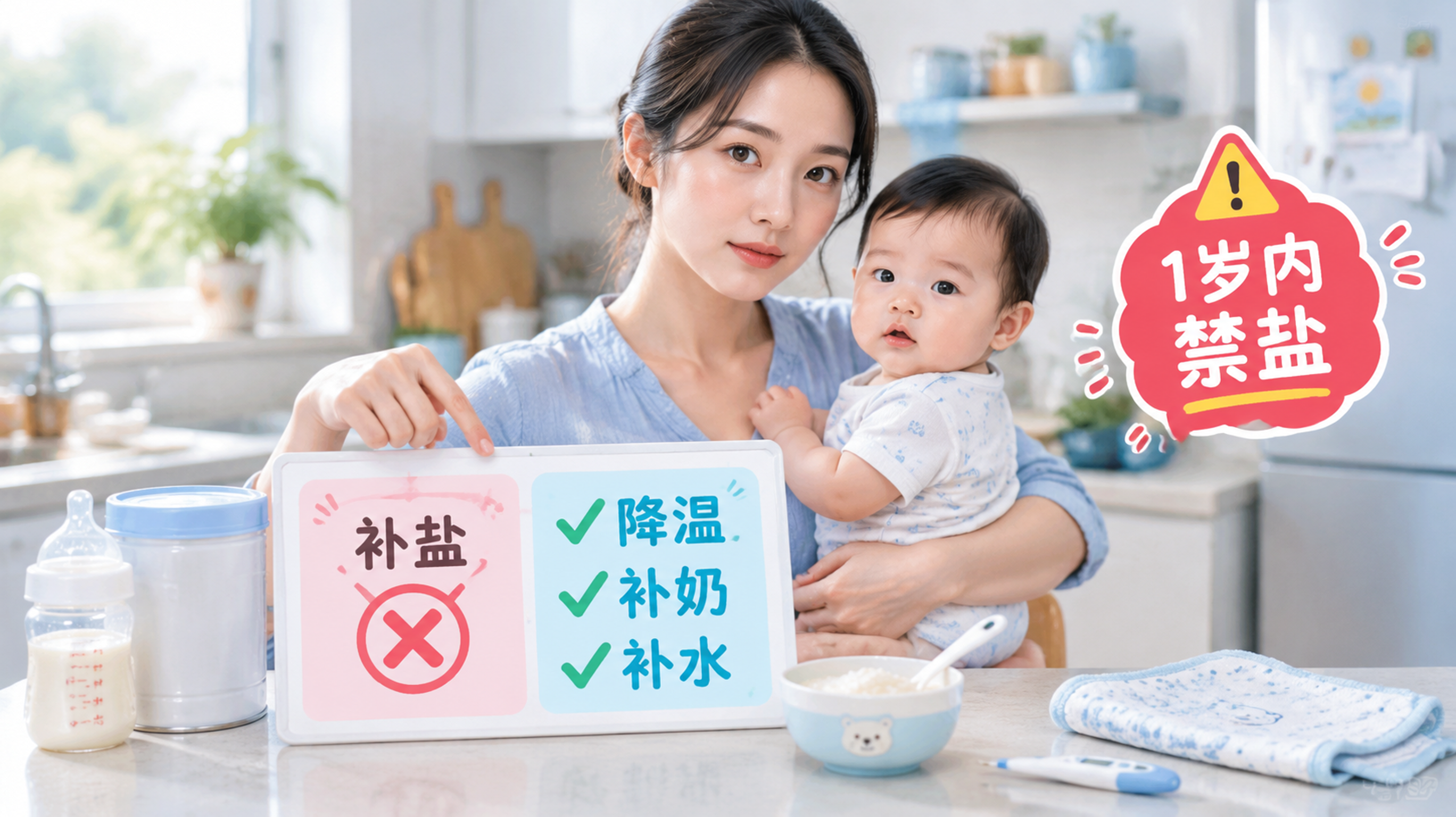 中国家庭厨房场景,中国年轻妈妈抱着一岁内中国婴儿,另一只手在台面上做“对照卡”展示:左侧写“补盐(打
