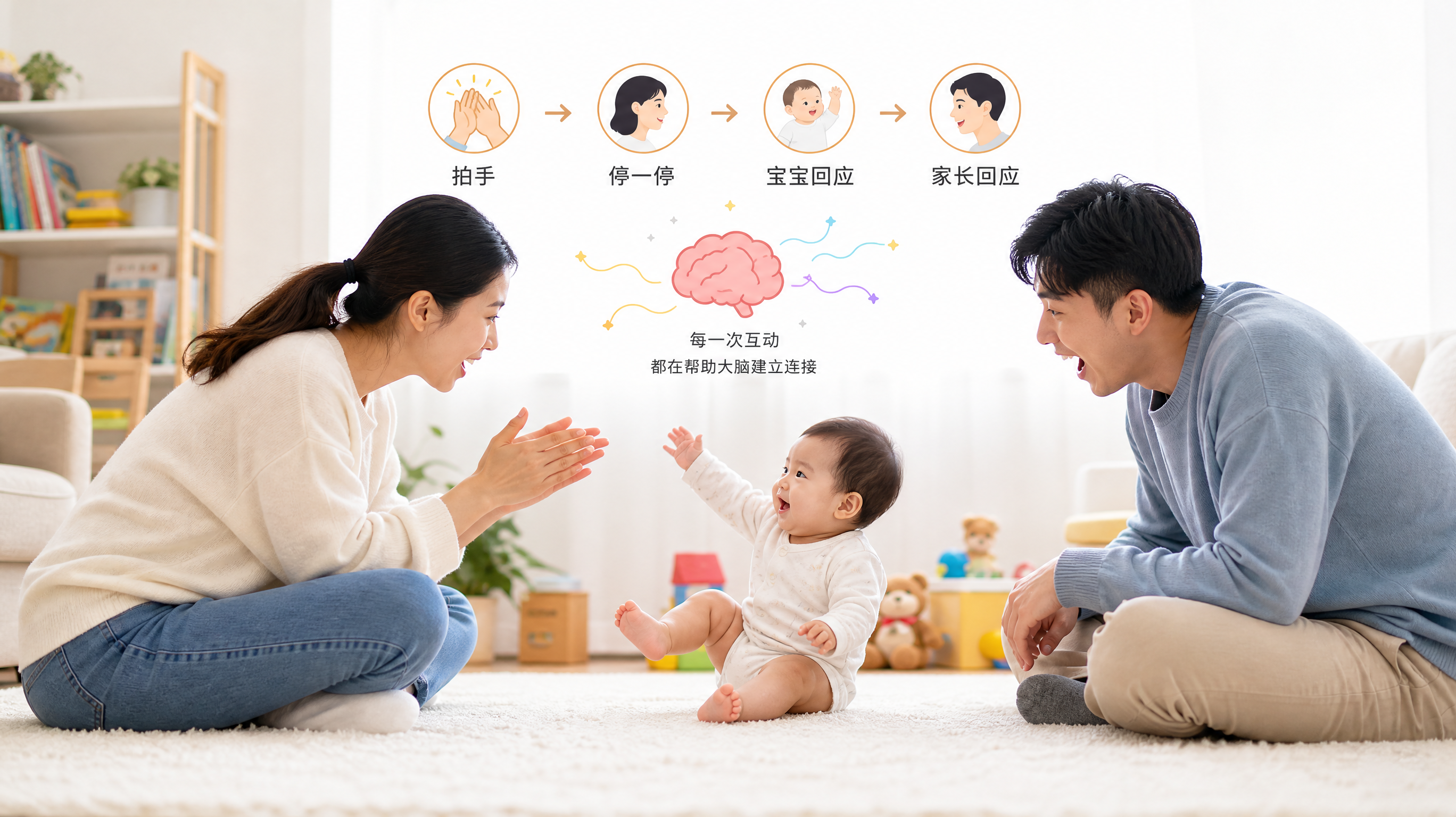 中国年轻父母与0-1岁中国婴儿在明亮整洁的客厅地毯上面对面互动,妈妈坐姿与宝宝对视但不强迫,双手做拍