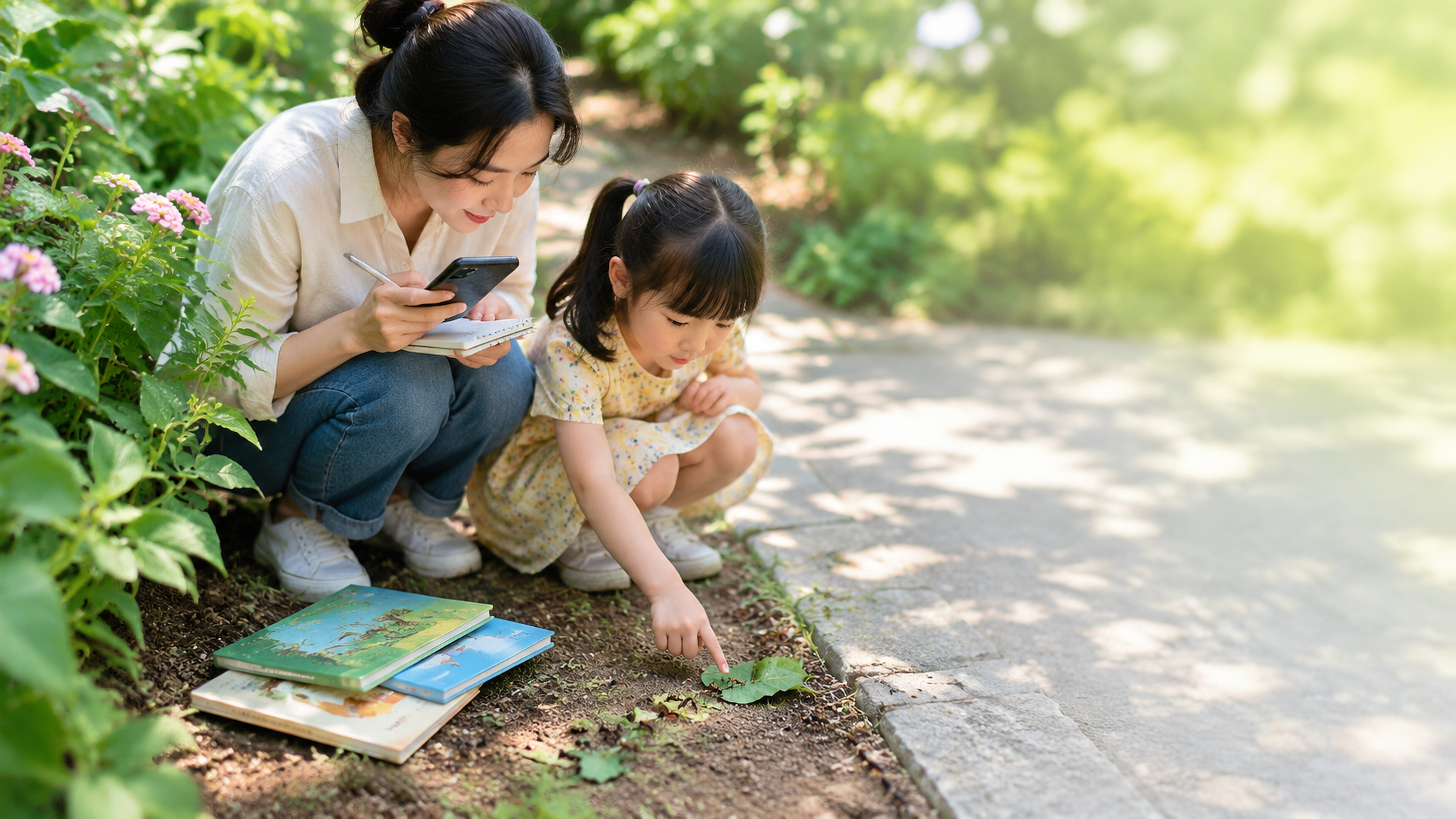中国年轻妈妈带着一位中国4-6岁幼儿在初夏小区花坛旁观察蚂蚁搬家,妈妈半蹲用手机备忘录记录孩子的问题