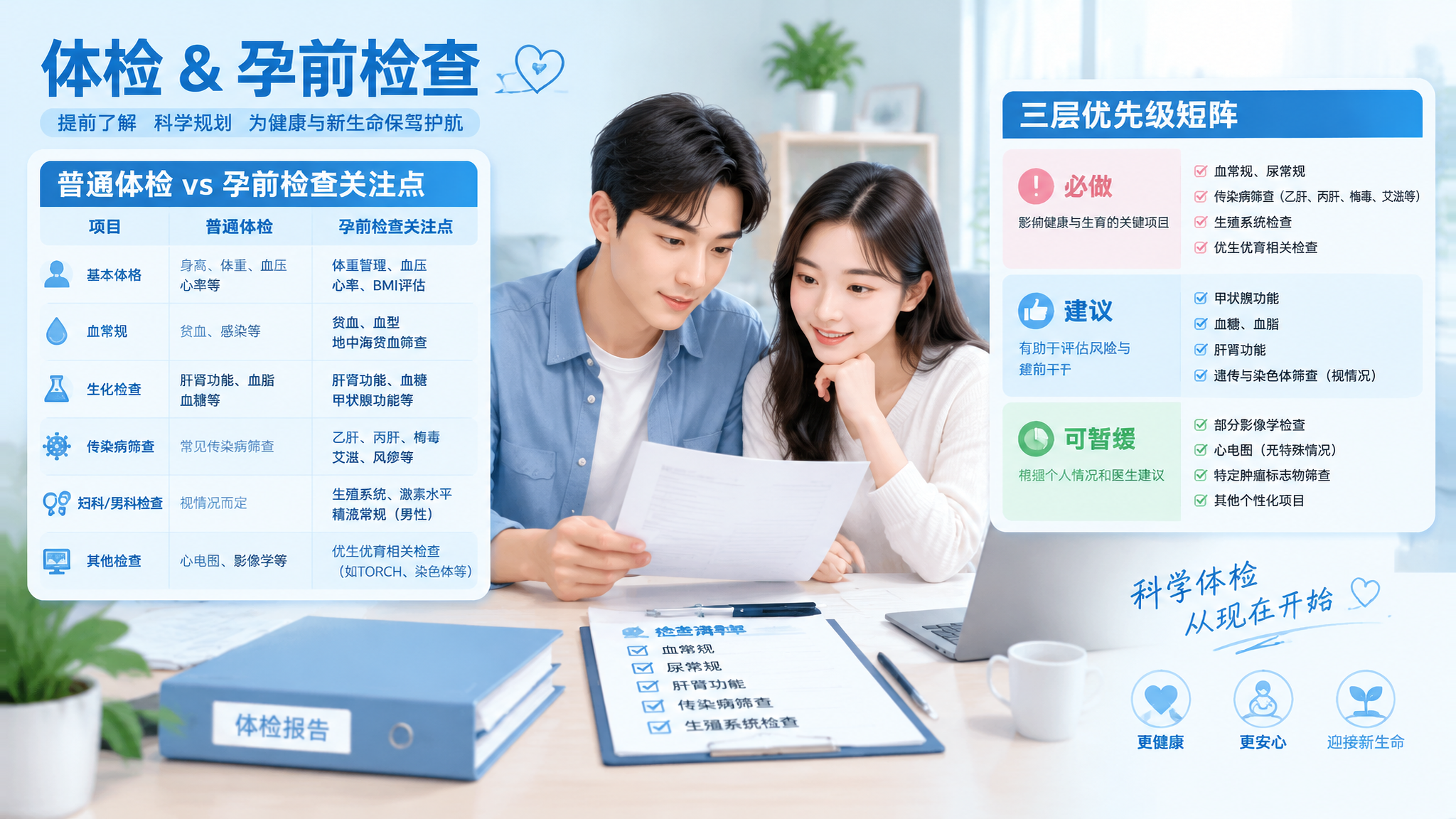 清爽蓝白科普风信息图海报场景,画面中一对中国年轻夫妻坐在简洁明亮的桌前一起看体检报告,桌面有文件夹与