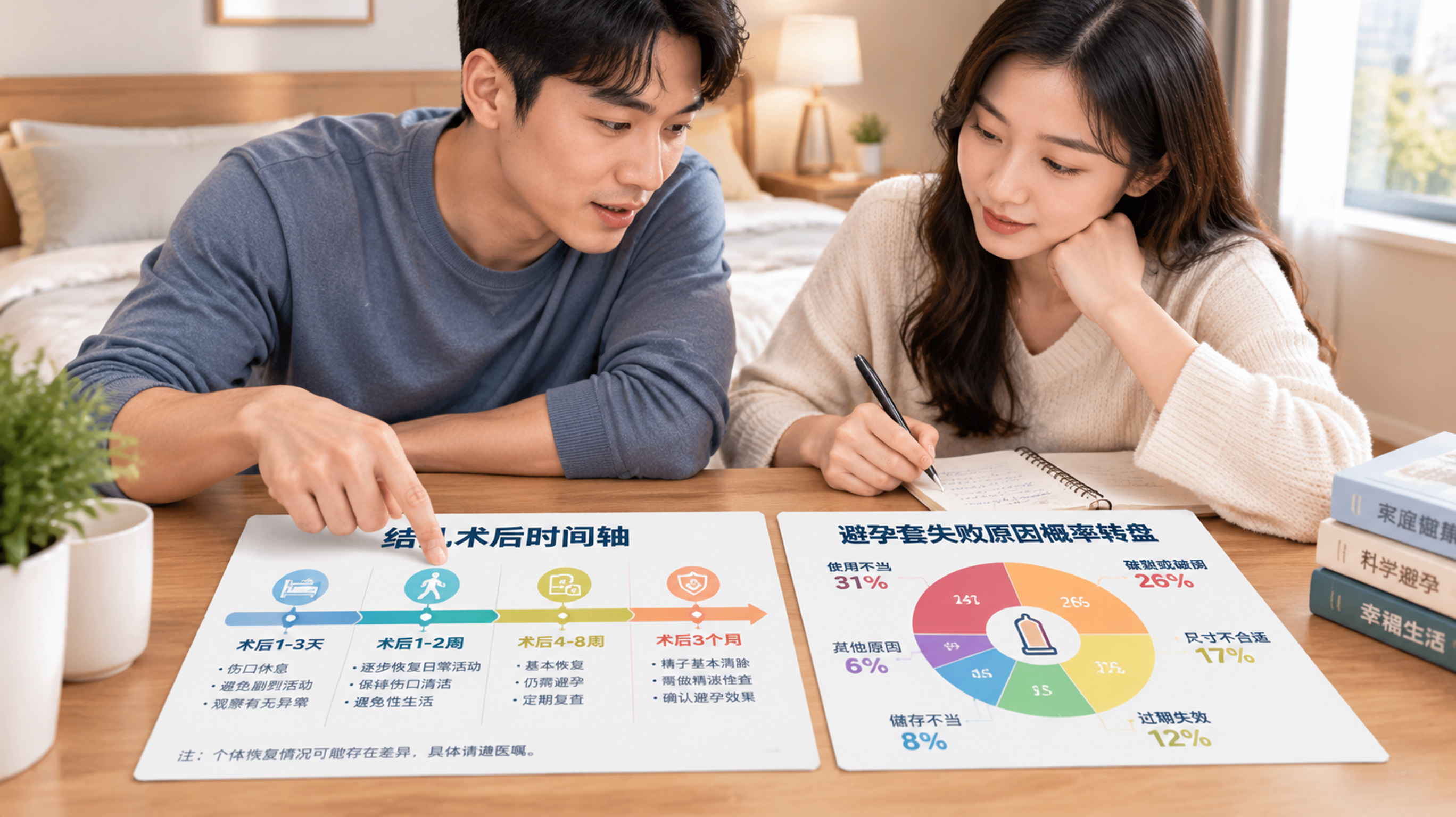 中国年轻夫妻在温馨卧室的床边坐着交流,桌面上放着“结扎术后时间轴”纸张和“避孕套失败原因概率转盘”信