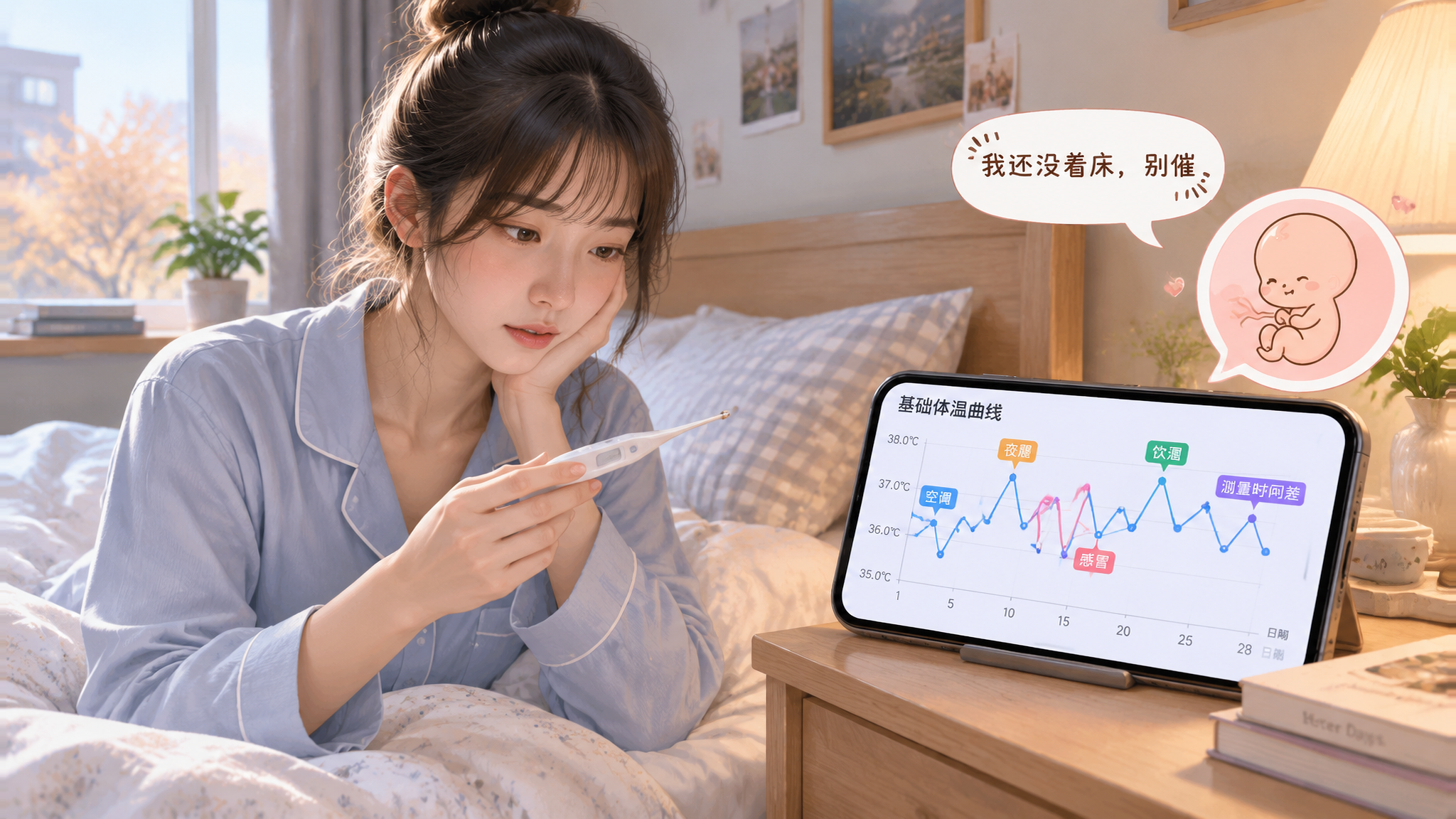 中国年轻女性在卧室床边清晨场景,穿着舒适睡衣,手里拿着电子体温计,床头有手机显示基础体温曲线像过山车
