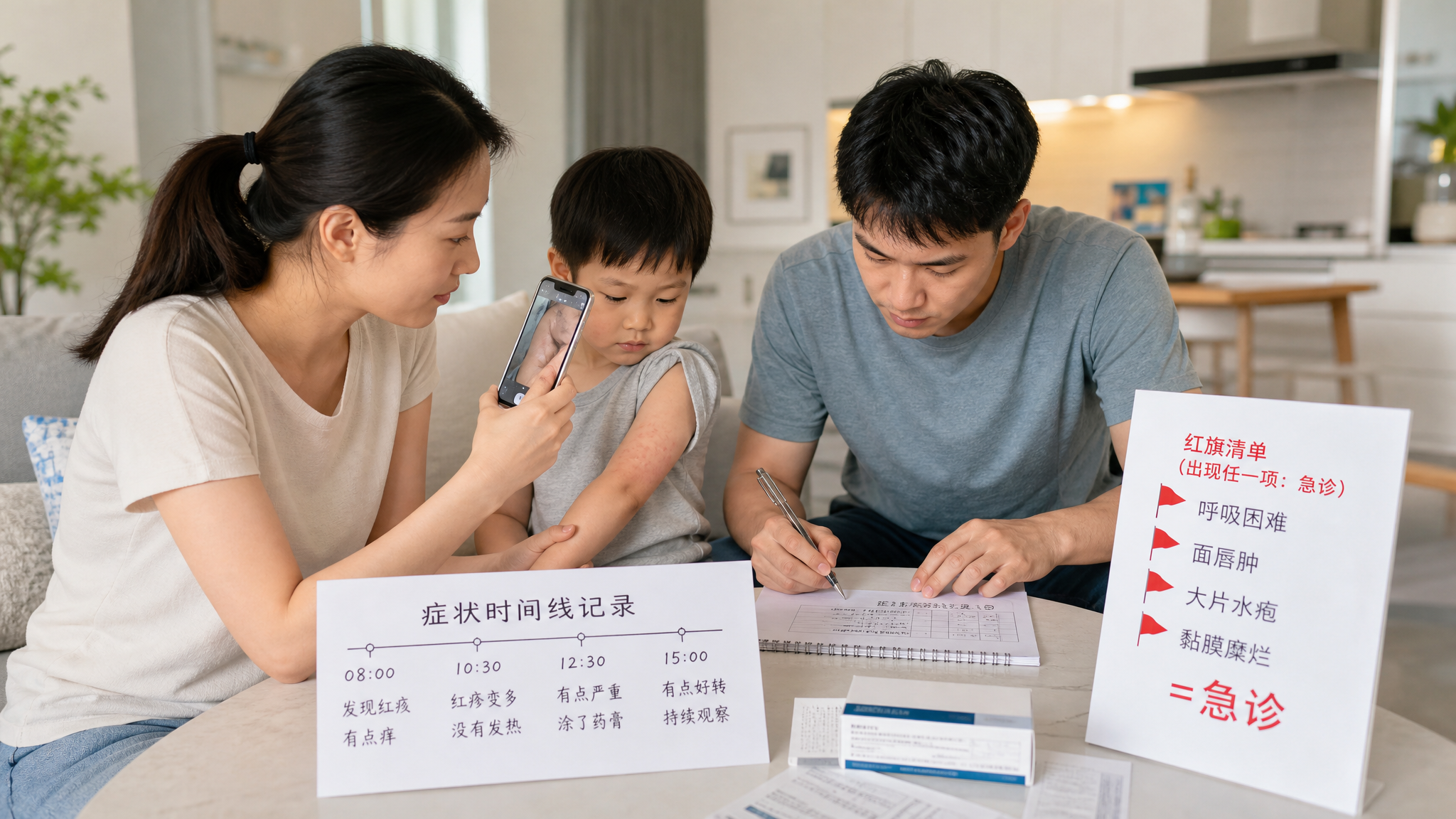 中国年轻父母在家中明亮整洁的客厅里，妈妈拿手机给中国幼儿手臂上的轻微红疹拍照记录，爸爸在一旁手写记录