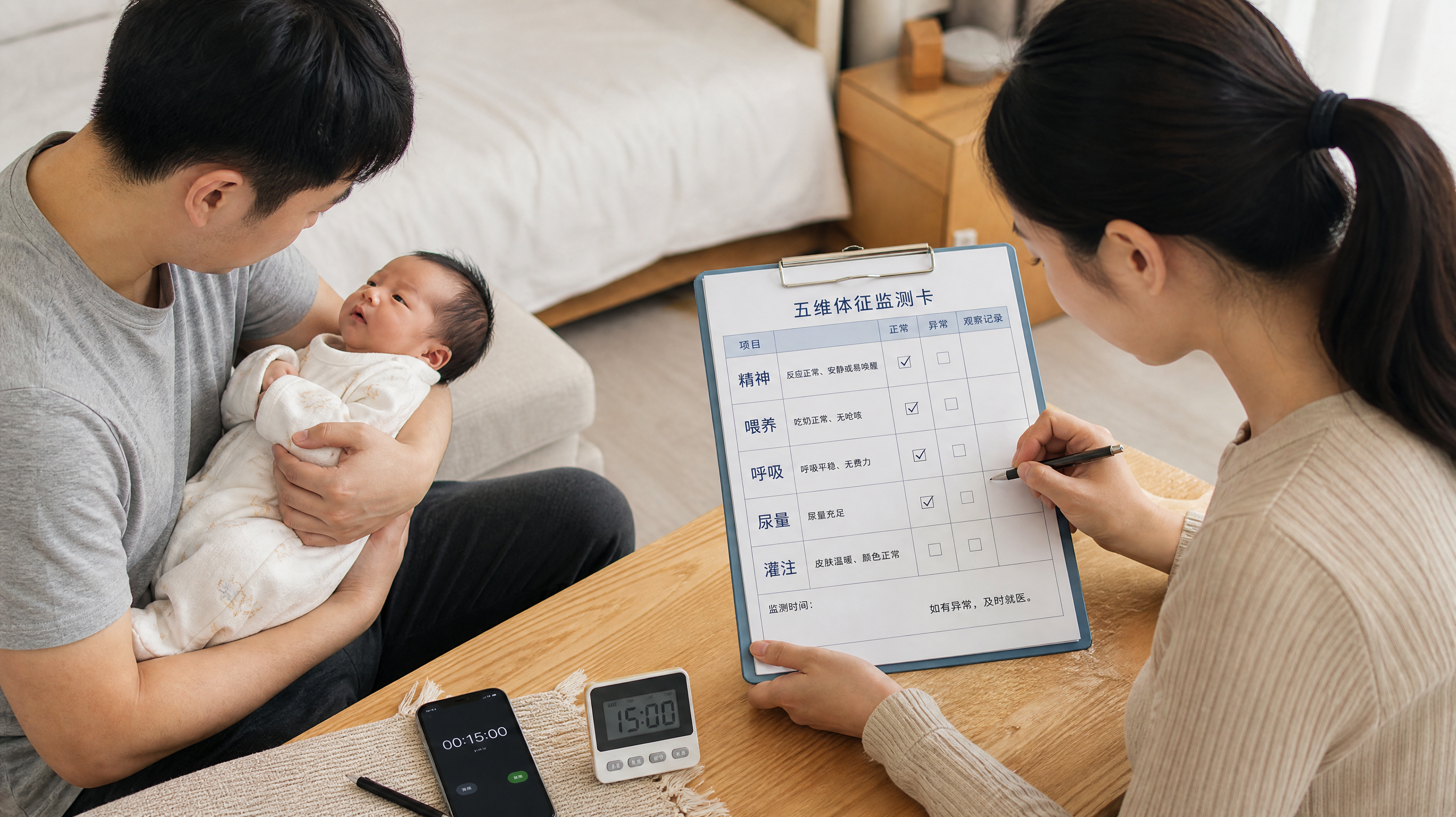 低饱和蓝灰色临床记录风信息图场景，中国年轻父母在家中明亮整洁的卧室/客厅里，一人抱着中国新生儿轻轻观