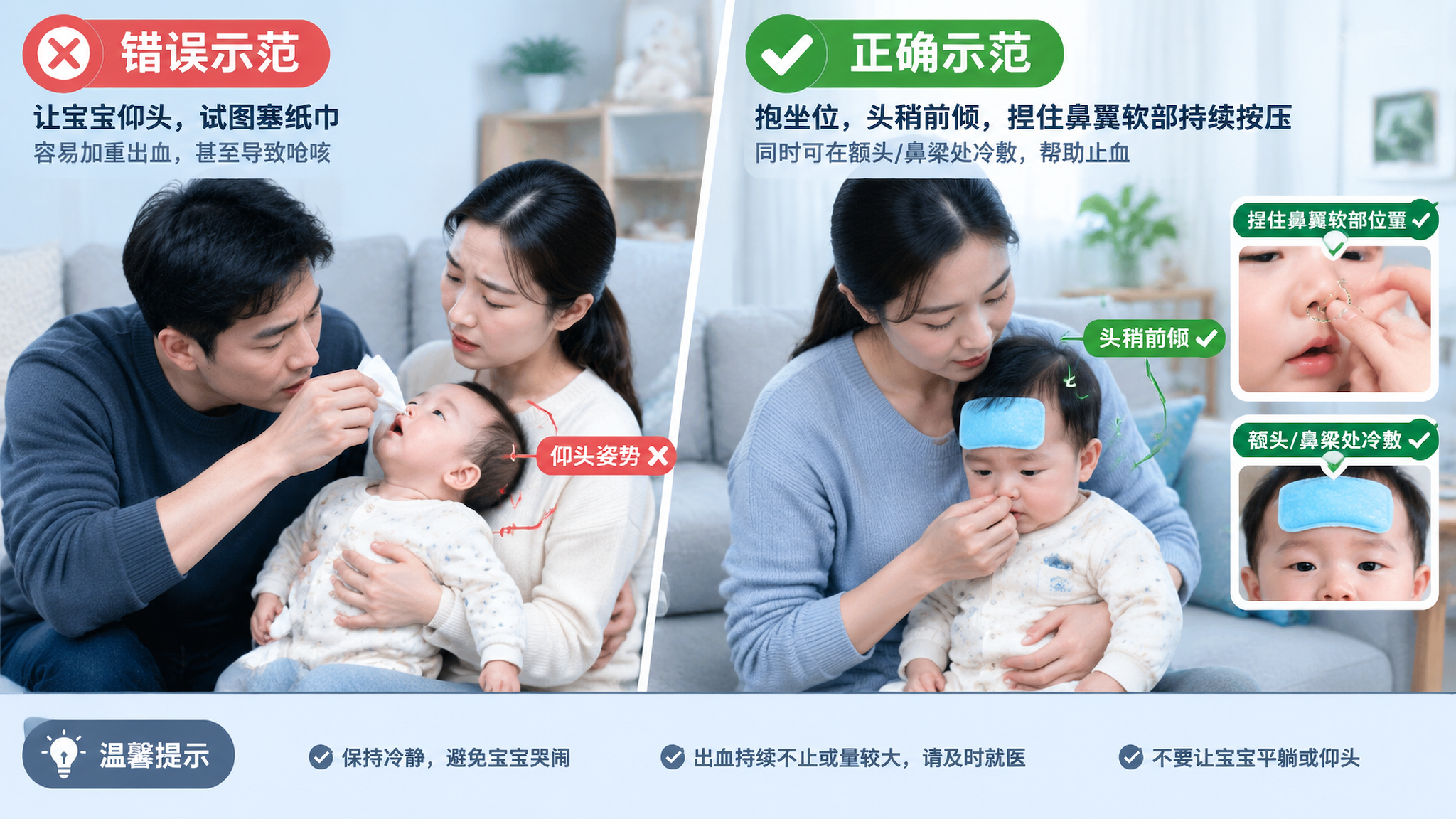 冷色调育儿急救科普海报风格画面,场景为中国家庭客厅,画面分左右对比:左侧“错误示范”中国年轻爸爸妈妈