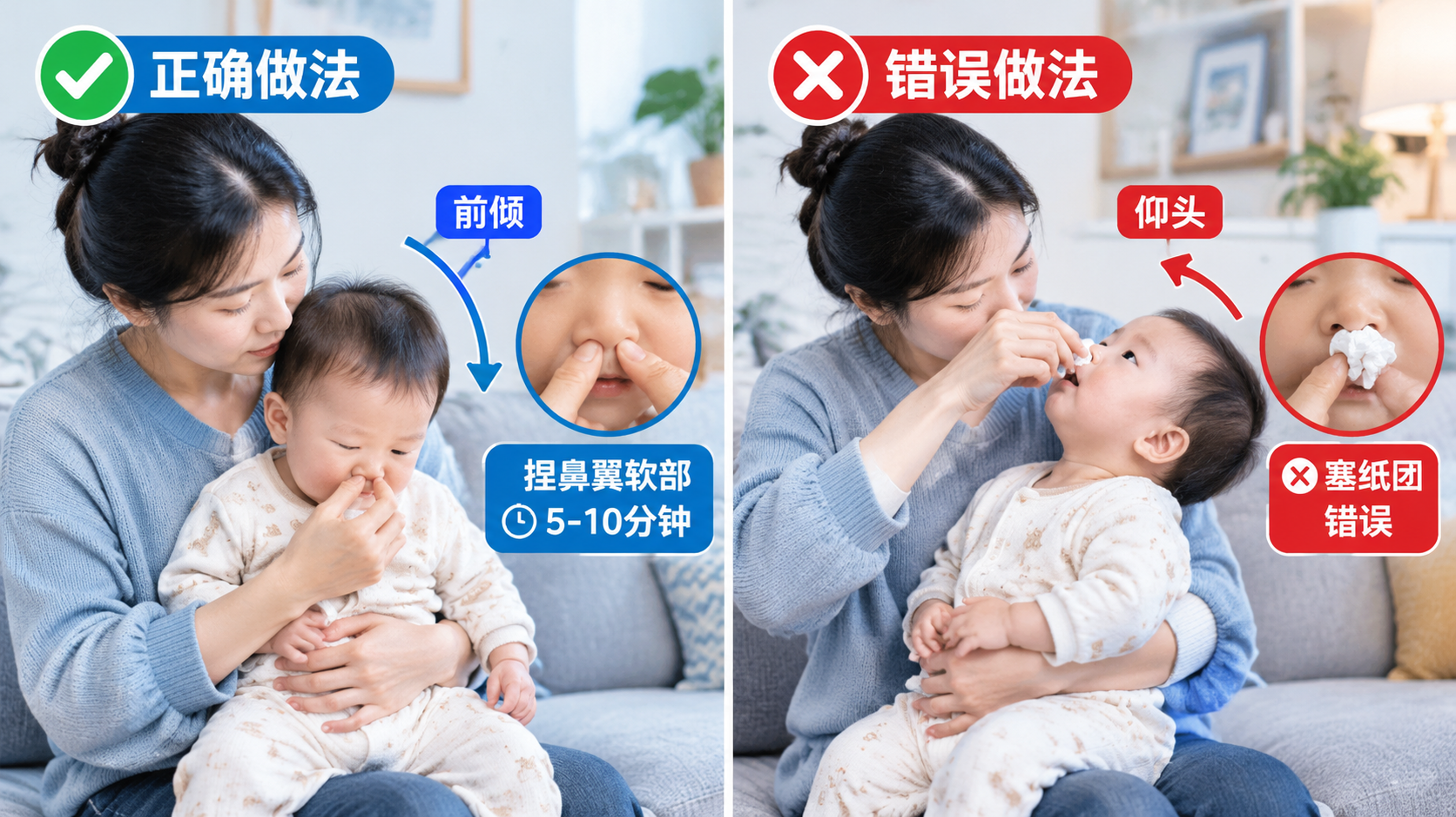冷色调科普急救对比图,画面左右分屏构图。左侧为“正确做法”:中国年轻妈妈在家中客厅抱坐一名0-1岁中