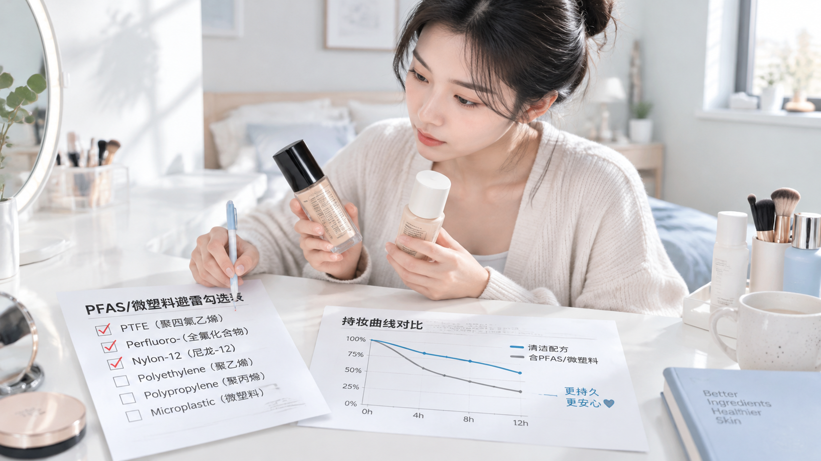 中国年轻女性在明亮简洁的梳妆台前，手拿两支底妆产品对照成分表清单，桌面有一张“PFAS/微塑料避雷勾