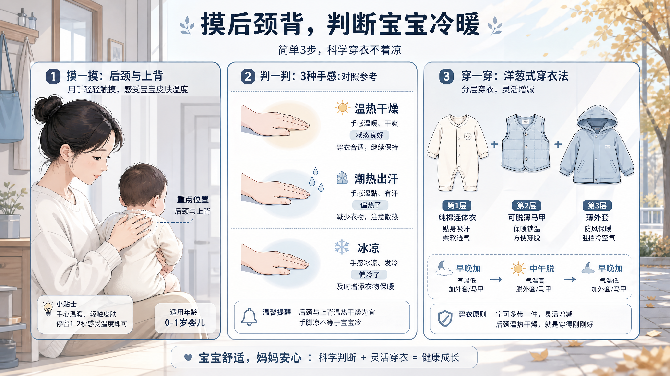 冷色调科普漫画风插画,画面分三格对比:左格中国年轻妈妈用手摸中国0-1岁婴儿的后颈与上背进行判断;中